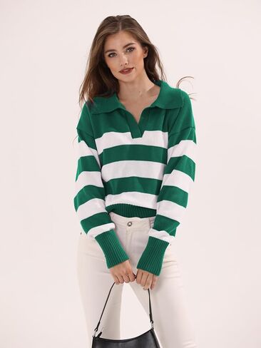 المرأة مخطط بولو سترة العصرية كتلة اللون المحاصيل القمم عادية الخامس الرقبة بلوفر مغزول البلوز قمصان طويلة الأكمام in Kuwait