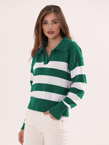 المرأة مخطط بولو سترة العصرية كتلة اللون المحاصيل القمم عادية الخامس الرقبة بلوفر مغزول البلوز قمصان طويلة الأكمام in Kuwait