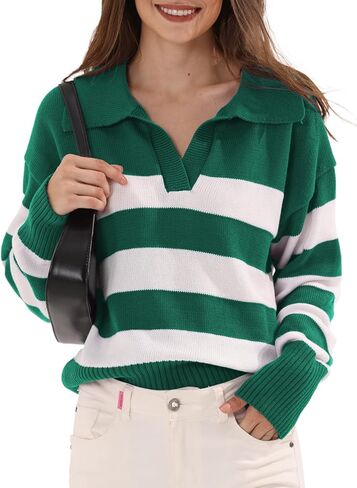 المرأة مخطط بولو سترة العصرية كتلة اللون المحاصيل القمم عادية الخامس الرقبة بلوفر مغزول البلوز قمصان طويلة الأكمام in Kuwait