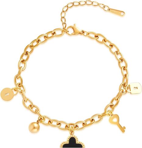 FIORICASA Gold Lucky Four Leaf Clover Bracelet for Woman, 18K Gold Plated Stainless Steel, Adjustable (Cuba Chain) in Saudi Arabia