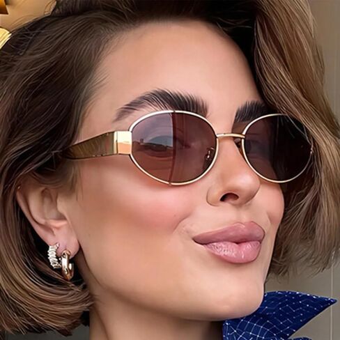 Stylish Metal Oval Frame Sunglasses for Women, Trendy UV400 Protection Shades, Lightweight & Shatterproof, Chic Gold Frame for Fashionable Looks in Saudi Arabia