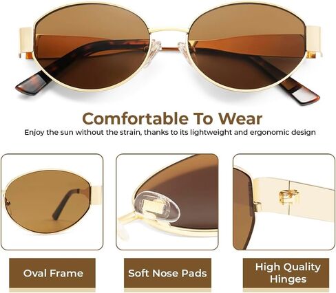 Stylish Metal Oval Frame Sunglasses for Women, Trendy UV400 Protection Shades, Lightweight & Shatterproof, Chic Gold Frame for Fashionable Looks in Saudi Arabia