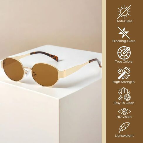 Stylish Metal Oval Frame Sunglasses for Women, Trendy UV400 Protection Shades, Lightweight & Shatterproof, Chic Gold Frame for Fashionable Looks in Saudi Arabia