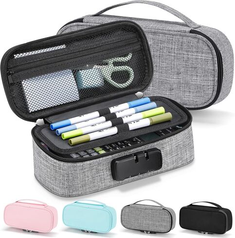 Zannaki Cute Pencil Case with Lock for Boys and Girls, Soft Large Capacity Pencil Case with Handle, Cool School Supplies Pencil Box Pen Stationery Storage Bag Organizer for Kids Teens Adults, Grey in Saudi Arabia