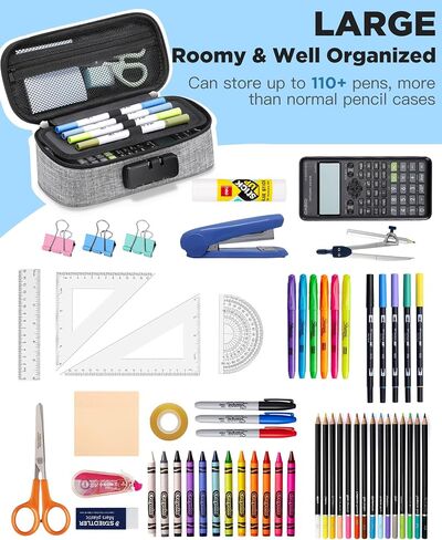 Zannaki Cute Pencil Case with Lock for Boys and Girls, Soft Large Capacity Pencil Case with Handle, Cool School Supplies Pencil Box Pen Stationery Storage Bag Organizer for Kids Teens Adults, Grey in Saudi Arabia