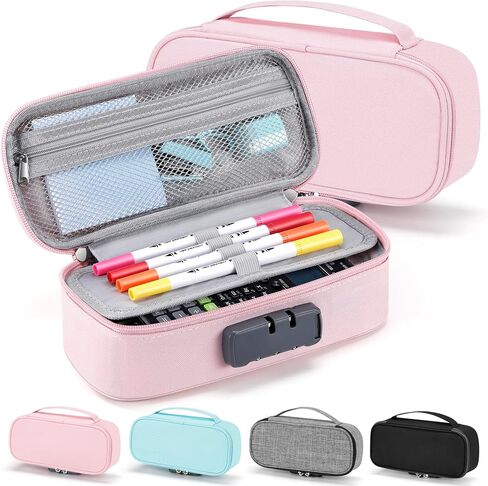 Zannaki Cute Pencil Case with Lock for Boys and Girls, Soft Large Capacity Pencil Case with Handle, Cool School Supplies Pencil Box Pen Stationery Storage Bag Organizer for Kids Teens Adults, Grey in Saudi Arabia
