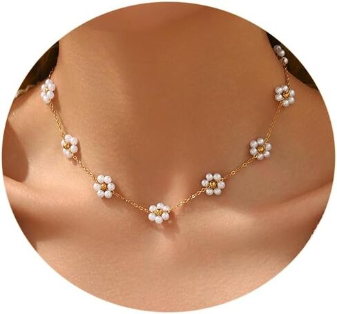 Pearl Necklaces for Women 18K Gold Plated Dainty Cross Necklace Gold Flower Pearls Beaded Choker Necklace Trendy Stainless Steel Bridesmaid Wedding Jewelry in Saudi Arabia