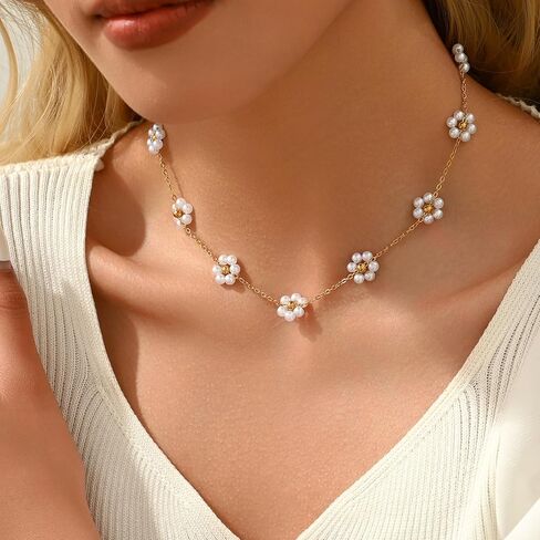 Pearl Necklaces for Women 18K Gold Plated Dainty Cross Necklace Gold Flower Pearls Beaded Choker Necklace Trendy Stainless Steel Bridesmaid Wedding Jewelry in Saudi Arabia