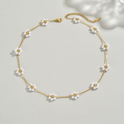 Pearl Necklaces for Women 18K Gold Plated Dainty Cross Necklace Gold Flower Pearls Beaded Choker Necklace Trendy Stainless Steel Bridesmaid Wedding Jewelry in Saudi Arabia