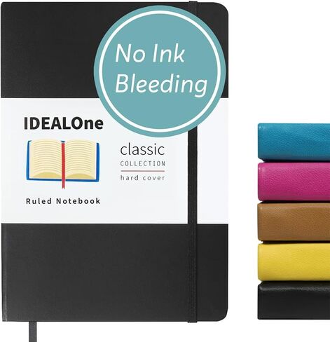 دفتر ملاحظات IDEALOne غلاف كلاسيكي مبطن - العمل، المنزل، المدرسة، 5.7 × 8 بوصة، مسطرة جامعية بعرض 7 مم، 160 صفحة، ورق سميك 100 جرام في المتر المربع، شريط مطاطي، إشارة مرجعية شريطية، أسود in Kuwait