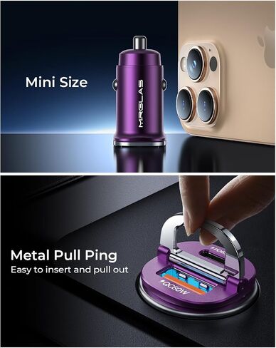 125W USB C Car Charger, [Mini & Metal] USB C Car Charger Adapter Fast Charging PD65W & QC60W Dual Port MRGLAS Type C Car Cigarette Lighter USB Charger for iPhone 14 13 Pro Max iPad Samsung - Purple in Kuwait