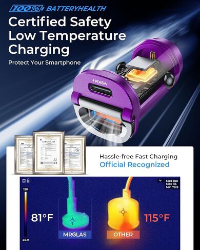 125W USB C Car Charger, [Mini & Metal] USB C Car Charger Adapter Fast Charging PD65W & QC60W Dual Port MRGLAS Type C Car Cigarette Lighter USB Charger for iPhone 14 13 Pro Max iPad Samsung - Purple in Kuwait