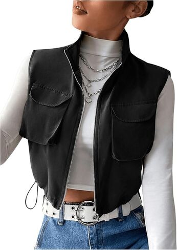 Verdusa Women's Flap Pocket Zip Up Sleeveless Drawstring Crop Vest Jacket in Saudi Arabia