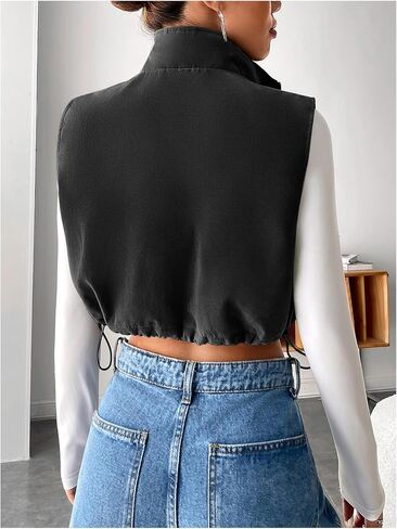 Verdusa Women's Flap Pocket Zip Up Sleeveless Drawstring Crop Vest Jacket in Saudi Arabia