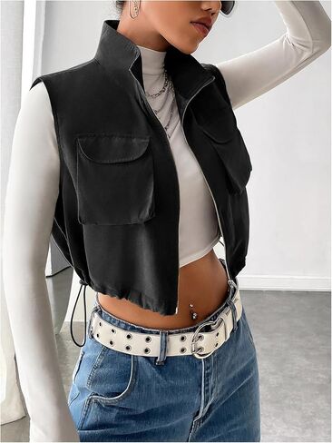 Verdusa Women's Flap Pocket Zip Up Sleeveless Drawstring Crop Vest Jacket in Saudi Arabia