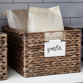 Metal Pantry Baskets Labels Clip On for Storage Bins with White Chalk Markers (8 Black Holders + 2 White Chalk Maker)