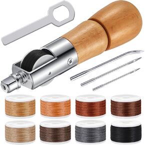 12 Pieces Leather Sewing Awl Kit Hand Stitcher with Craft Accessories Set, Hand Awl Tool, 3 Sizes Needles and 8 Colors Replacement Spools of Thread, Stitching Awl Tool Kit for Leather Fabric Supplies
