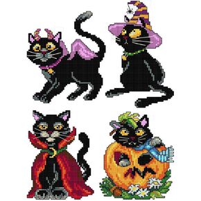 Counted Cross-Stitch Kit on Plastic Canvas with Halloween Patterns. 3 Allhallows Eve Ornaments Different Dimensions 111CS. Superb for Craft & Embroidery Amateurs