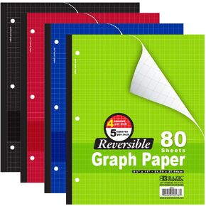 Bazic 4/5 Reversible Graph Paper, 8" 1/2 X 11", 80 Sheets (Assorted Colors)