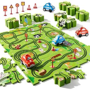 Bennol Toddler Toys Gifts for 2 3 4 5 Year Old Boys, 56 PCS Jigsaw Puzzle Race Track Car Set Toys for Kids Boys Toddlers 1-3 2-4 3-5 4-6, Puzzle Tracks Car Toys Gifts for 2 3 4 5 Year Old Boys Kids