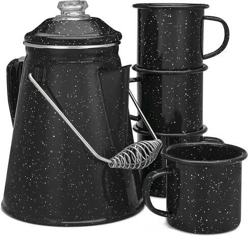 COLETTI Classic Percolator Coffee Pot & Enamel Mug Set — Camping Coffee Pot, Enamel Coffee Mug – Complete Nostalgic Bundle – German Imported Enamel Powder [Blue, 12 Cup] [12 oz, Set of 4] in Saudi Arabia
