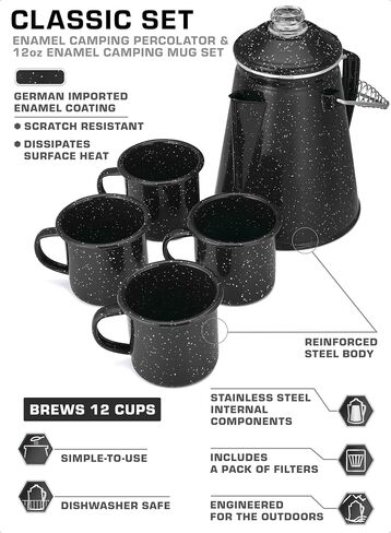 COLETTI Classic Percolator Coffee Pot & Enamel Mug Set — Camping Coffee Pot, Enamel Coffee Mug – Complete Nostalgic Bundle – German Imported Enamel Powder [Blue, 12 Cup] [12 oz, Set of 4] in Saudi Arabia