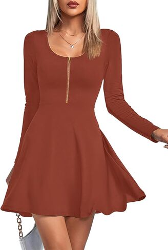 Umenlele Women's Scoop Neck Long Sleeve Dresses Casual Flowy Swing Mini Short Wrap Skater Dress in Saudi Arabia