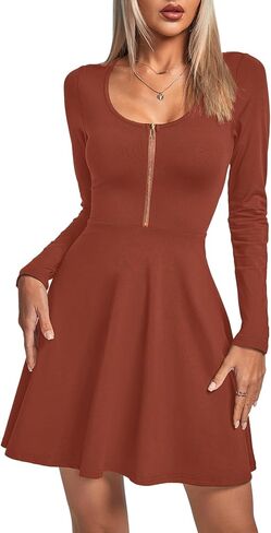Umenlele Women's Scoop Neck Long Sleeve Dresses Casual Flowy Swing Mini Short Wrap Skater Dress in Saudi Arabia