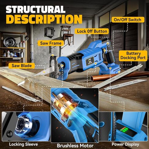 Cordless Reciprocating Saw for DeWalt 20V Max, Brushless Motor Variable Speed, Tool-Free Blade Change, Cerycose Reciprocating saw with LED Light,4 Saw Blades for Metal Wood PVC Cutting, No Battery in Saudi Arabia