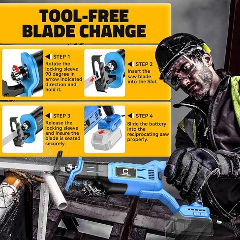 Cordless Reciprocating Saw for DeWalt 20V Max, Brushless Motor Variable Speed, Tool-Free Blade Change, Cerycose Reciprocating saw with LED Light,4 Saw Blades for Metal Wood PVC Cutting, No Battery in Saudi Arabia