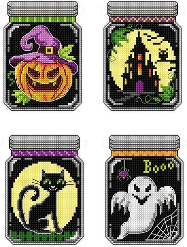 Counted Cross-Stitch Kit on Plastic Canvas with Halloween Patterns. 3 Allhallows Eve Ornaments Different Dimensions 111CS. Superb for Craft & Embroidery Amateurs in Kuwait