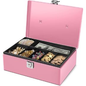 Flexzion Cash Box with Money Tray - Metal Cash Box for Small Businesses, 7-Compartment Black Cash Box Latch Lock for Petty Cash, Checks, Coins, and Valuables, Portable Money Box for Cash Storage