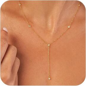 ASCOMY Lariat Gold Necklace for Women Dainty Long Necklaces 14K Gold/Silver Plated Y Necklace Trendy Layer Beads Sequin Chain Diamond Crystal CZ Y-Shaped Necklaces Simple Jewelry Gift for Women Girls