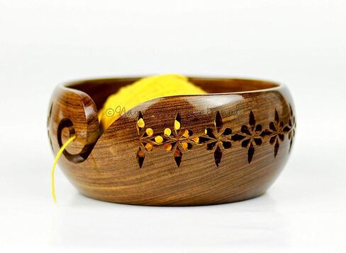 Nagina International Rosewood Crafted Wooden Yarn Storage Bowl With Carved Holes & Drills | Knitting Crochet Accessories (Large) in Kuwait