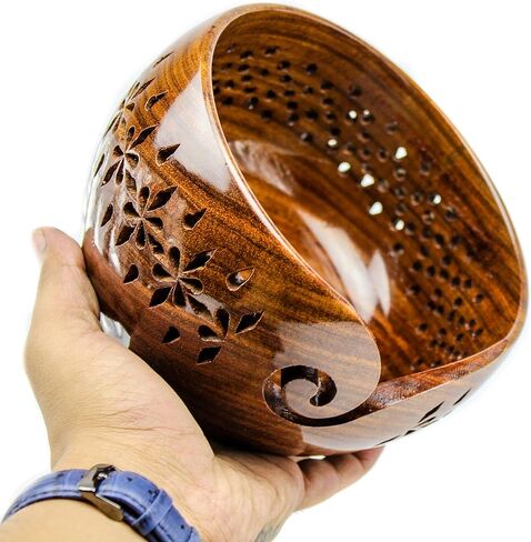 Nagina International Rosewood Crafted Wooden Yarn Storage Bowl With Carved Holes & Drills | Knitting Crochet Accessories (Large) in Kuwait