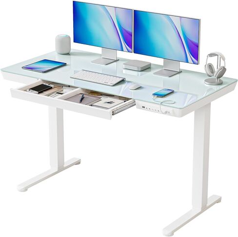 BANTI Electric Standing Desk with Drawers, 48 inch Whole-Piece Glass Desktop, Height Adjustable Stand up Sit Stand Home Office Ergonomic Workstation, Black Tabletop in Kuwait