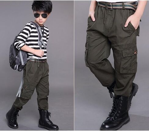 Boys' Pull on Cargo Pants Elastic Waist Casual Cotton Uniform Multi-Pockets Trousers Black Tag 150CM-10-11 Years in Saudi Arabia
