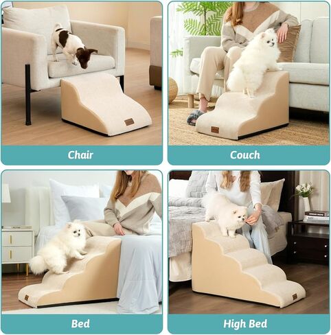 قبلة مريحة عالية الكثافة رغوة سلالم الكلاب منحدر للكلاب والقطط 4 طبقات سلالم الحيوانات الأليفة منحدر خطوة للأسرة الأثاث دائم عدم الانزلاق الكلب منحدر للسرير مع غطاء قماش مقاوم للماء بني فاتح (أربع خطوات) in Kuwait