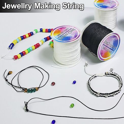 Ewparts سلسلة سوار لصنع السوار أسود + أبيض 2 لفة 1 مم 218 ياردة سلك نايلون أسود لحرف سوار الصداقة المكسيكية، الديكور، القلائد، مكرامية، صناعة المجوهرات 1 مم سلك خشخشة من الساتان in Kuwait