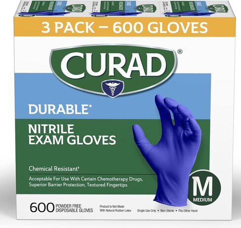 CURAD Nitrile Exam Gloves, Durable, Powder Free, Chemical Resistant, Large, 600 Count, Color May Vary in Saudi Arabia