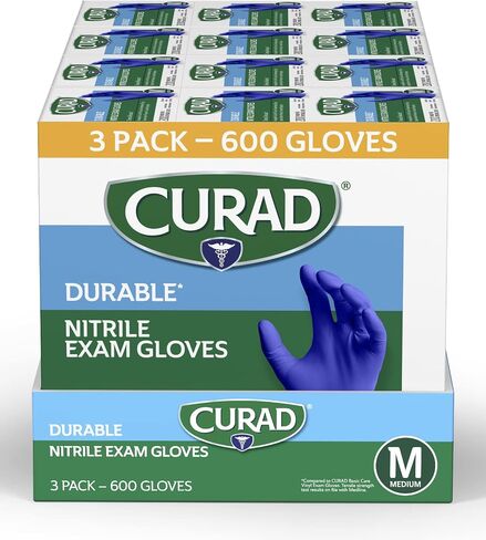 CURAD Nitrile Exam Gloves, Durable, Powder Free, Chemical Resistant, Large, 600 Count, Color May Vary in Saudi Arabia