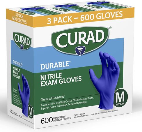 CURAD Nitrile Exam Gloves, Durable, Powder Free, Chemical Resistant, Large, 600 Count, Color May Vary in Saudi Arabia