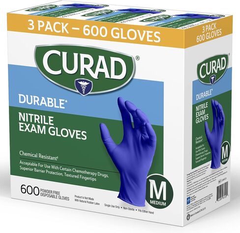 CURAD Nitrile Exam Gloves, Durable, Powder Free, Chemical Resistant, Large, 600 Count, Color May Vary in Saudi Arabia