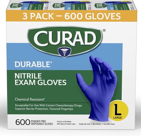 CURAD Nitrile Exam Gloves, Durable, Powder Free, Chemical Resistant, Large, 600 Count, Color May Vary in Saudi Arabia