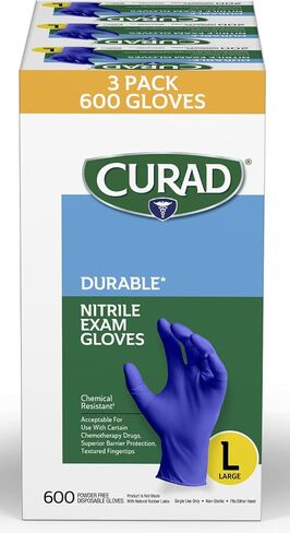 CURAD Nitrile Exam Gloves, Durable, Powder Free, Chemical Resistant, Large, 600 Count, Color May Vary in Saudi Arabia