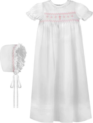 White Christening Gown Hand Smocked Yoke with Cross Detail and Short Sleeves + Bonnet in Saudi Arabia