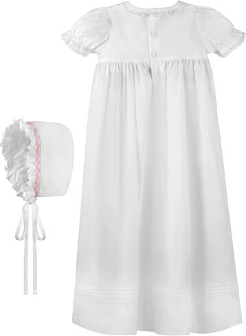 White Christening Gown Hand Smocked Yoke with Cross Detail and Short Sleeves + Bonnet in Saudi Arabia