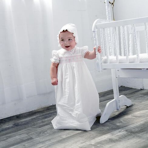 White Christening Gown Hand Smocked Yoke with Cross Detail and Short Sleeves + Bonnet in Saudi Arabia