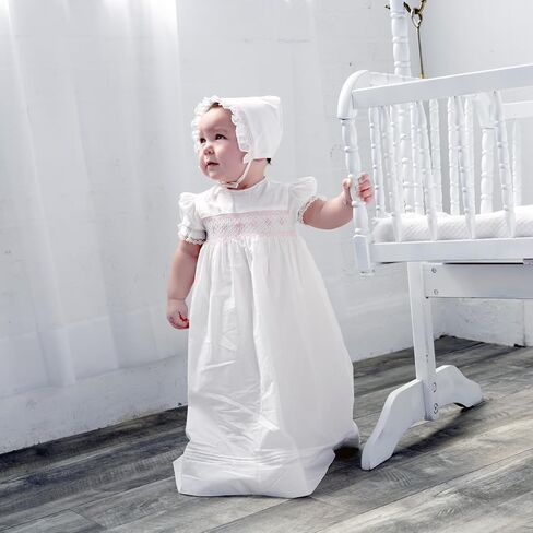 White Christening Gown Hand Smocked Yoke with Cross Detail and Short Sleeves + Bonnet in Saudi Arabia