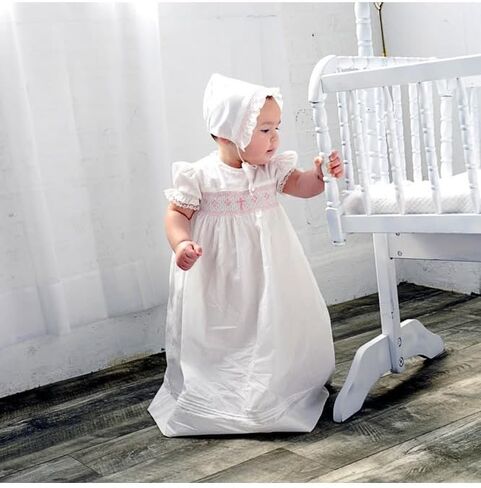 White Christening Gown Hand Smocked Yoke with Cross Detail and Short Sleeves + Bonnet in Saudi Arabia